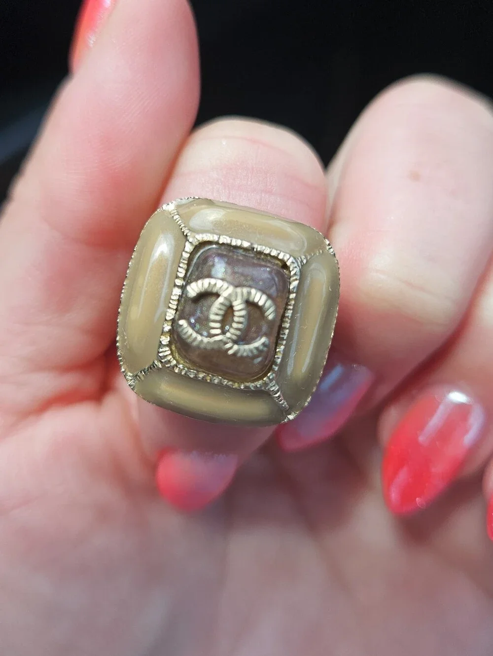 CHANEL Square CC Logo Ring Taupe Resin Gold [Size 5.5]